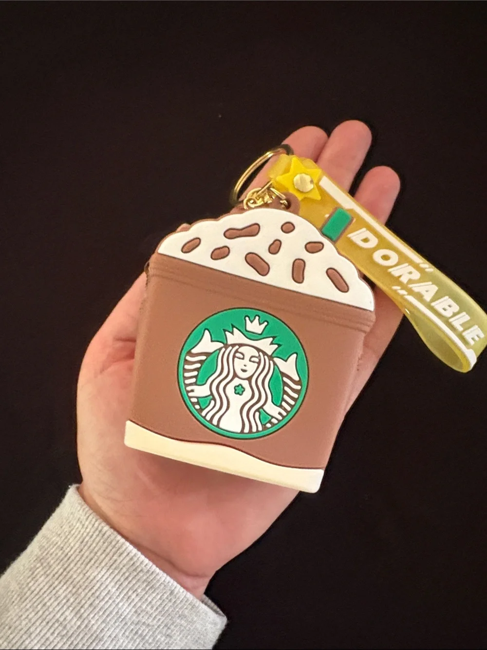 Cute coffee-themed Brown Silicone Pouch Keychain Bag Charm with 'Adorable' Strap